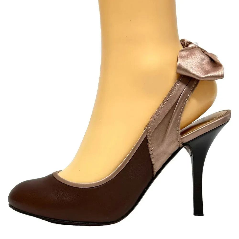 LANVIN Brown Leather & Pink Silk Slingback Bow Pumps Heels 37 6.5 7 Italy
